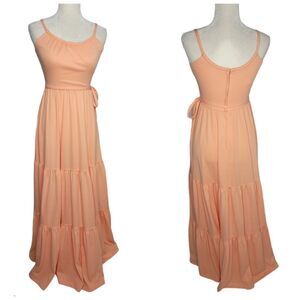 VINTAGE 70s dress tiered‎ peach ruffle tank maxi with tie S